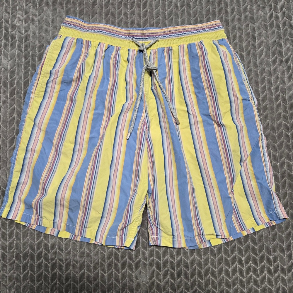 Vilebrequin Mens XXL Striped Swim Trunks Yellow Blue Cotton Blend Mesh Lined